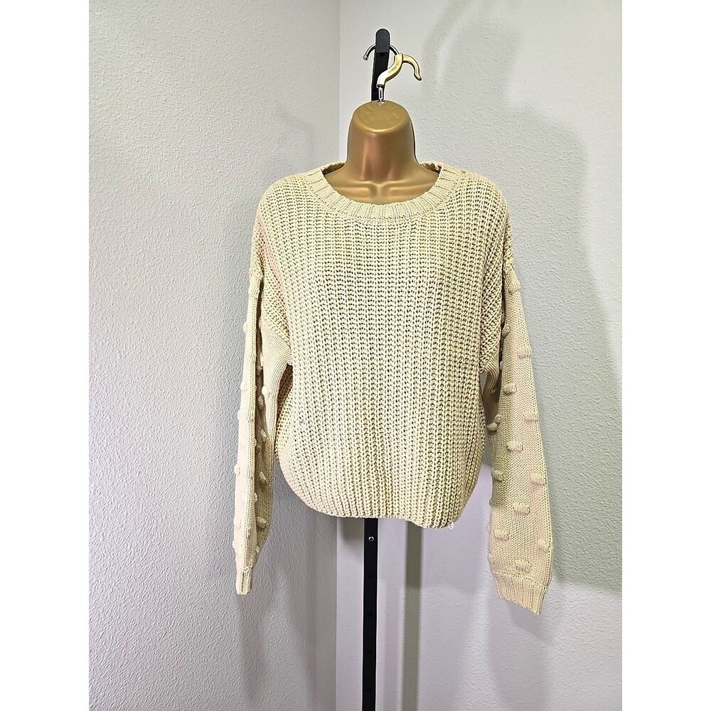 Beige Chunky Sweater Womens Sm Bubble Sleeve Popcorn Knit Fisherman Cottage